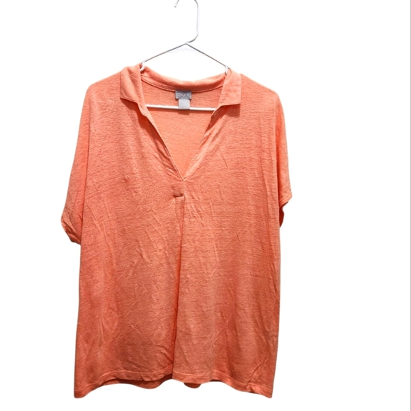 Chicos 100% Linen Coral Peach V-Neck Collared Pullover Tee Size 2 L Lightweight - Picture 1 of 5